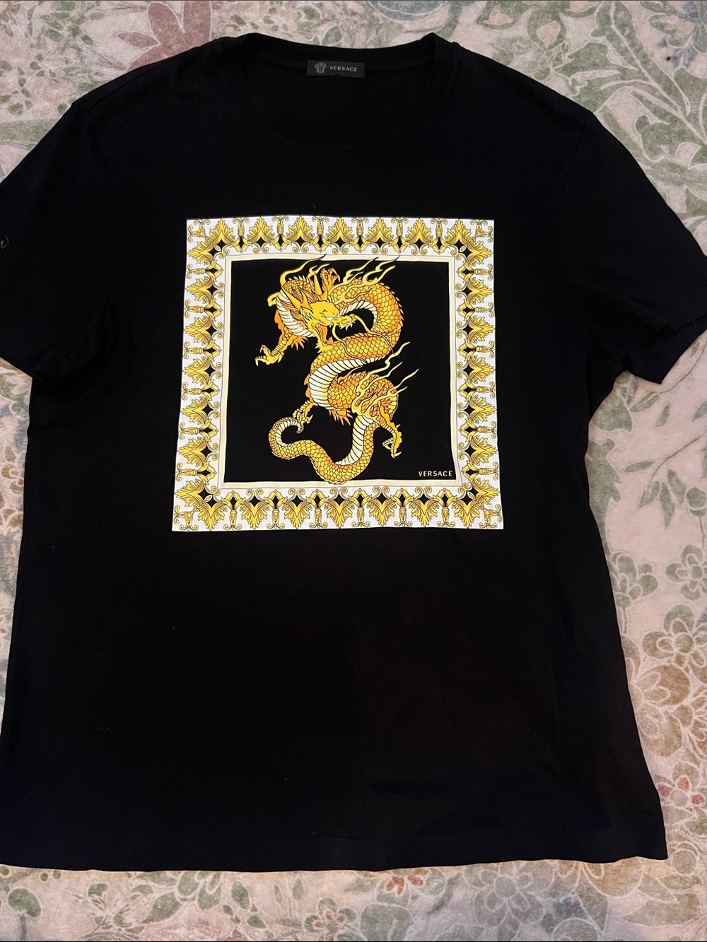 Versace Black Tee with Gold and White Dragon Motif